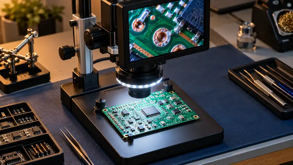 LCD inspection microscope examining green PCB copper solder pads on navy antistatic mat